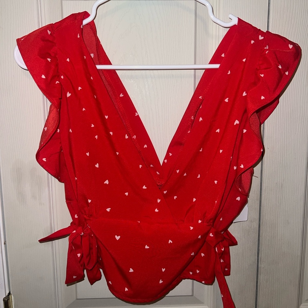 Red Ruffled V-Neck Top